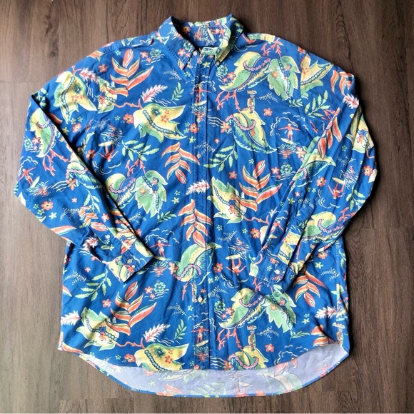 Ralph Lauren Hawaiian Button Down Shirt Mens 2XLT Blue Tropical Surfer Long Slv - Picture 1 of 9